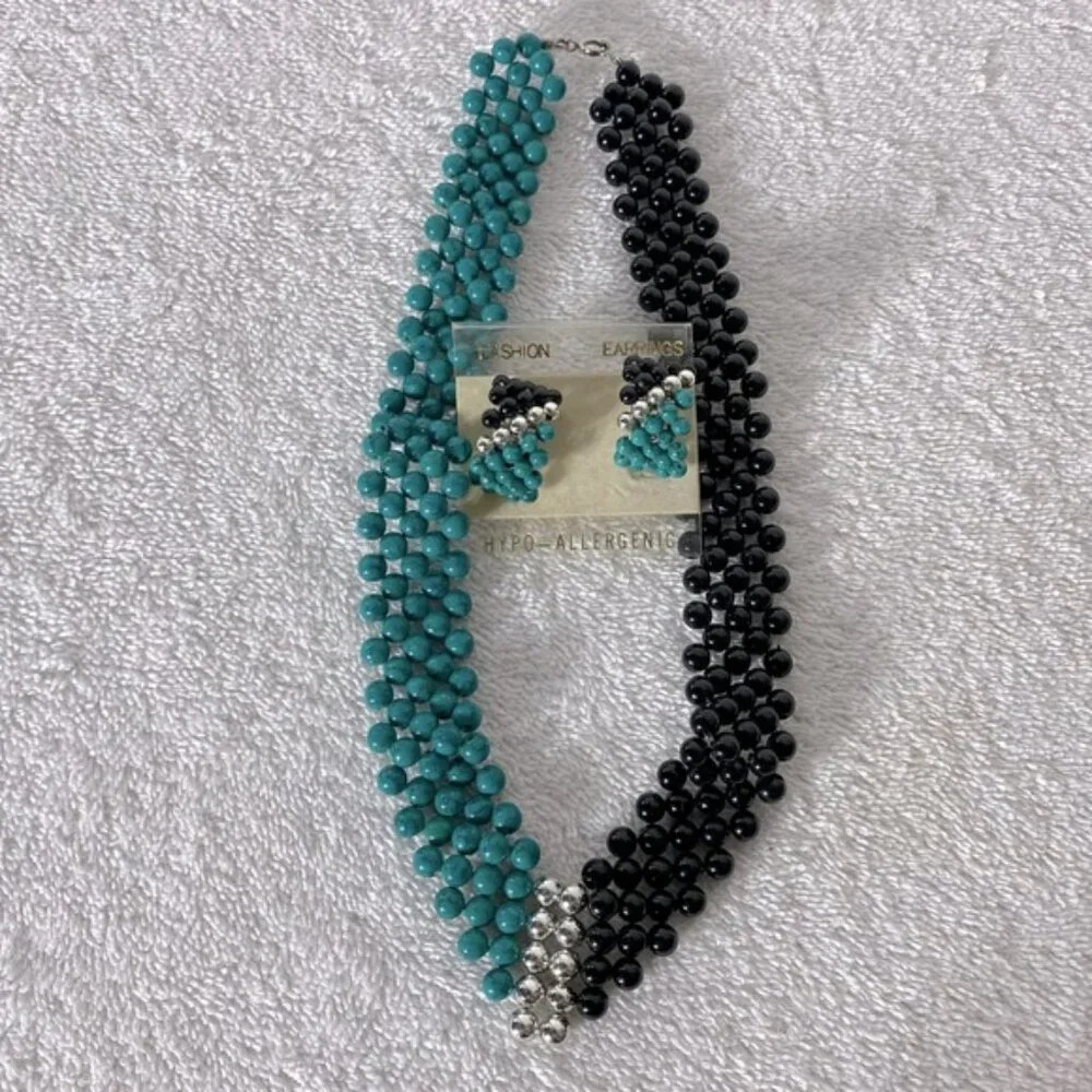 Vintage Teal Black Silver Plastic Beaded Necklace & Clip On Earrings Set